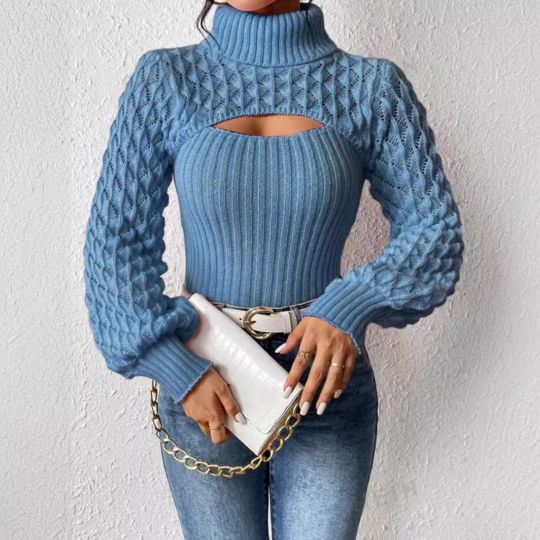 Damen Rollkragen-Strickpullover mit Hohlmuster – Cable Knit Design
